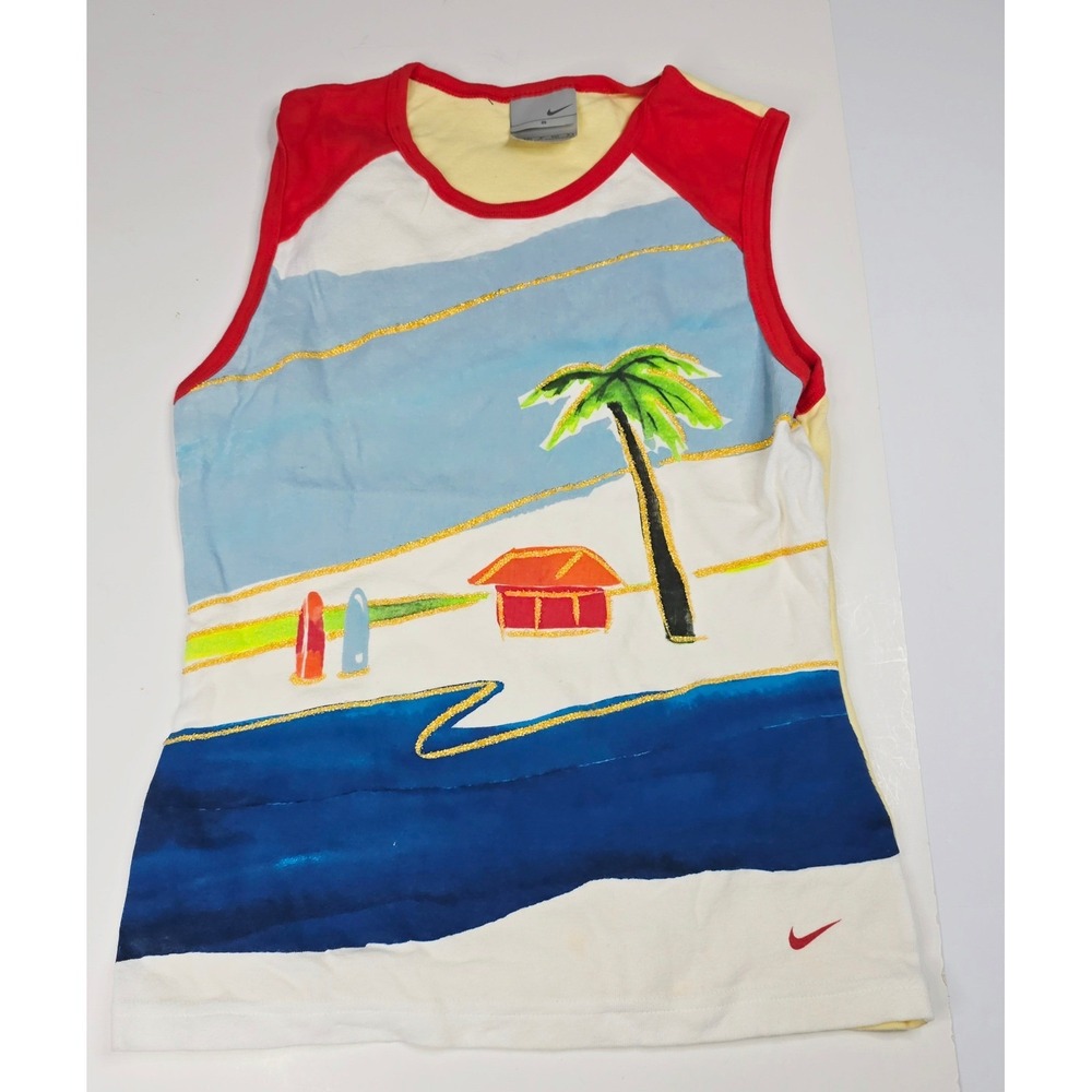 Nike Vintage Kids Small 4-6 Beach Scene Graphic Tank Top Yellow Red White A26